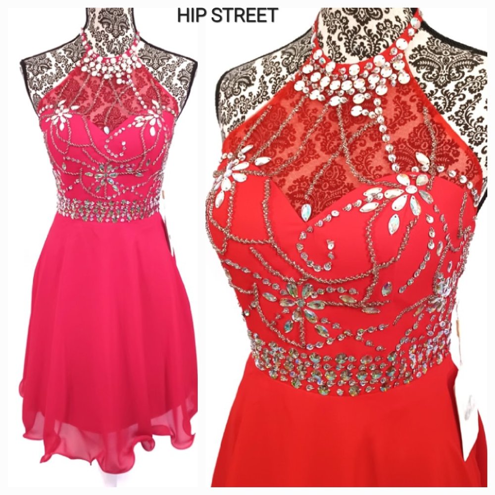 TOPDRESS Dress Jewel Sequin Halter Mesh Neck Chiffon Prom Party 4 NWT